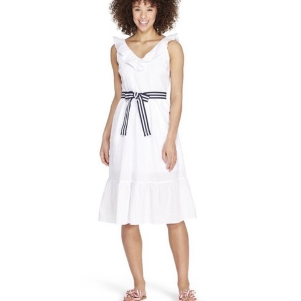 White Ruffled Dress with Striped Belt